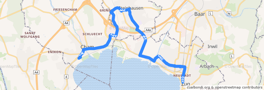 Mapa del recorrido Bus 6: Zug, Postplatz => Steinhausen => Cham, Bahnhof de la línea  en Zug.