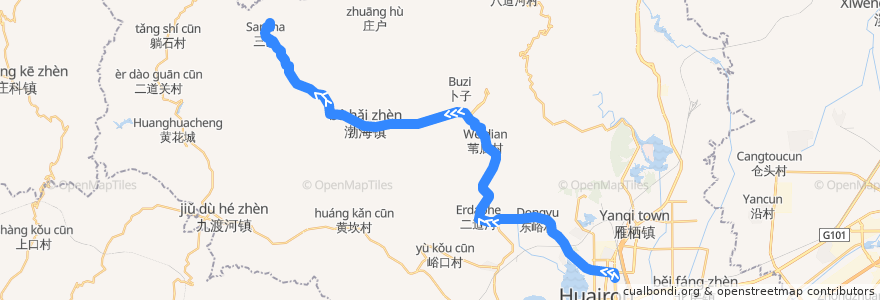 Mapa del recorrido Bus H23: 铁矿峪/洞台>于家园 de la línea  en 怀柔区.