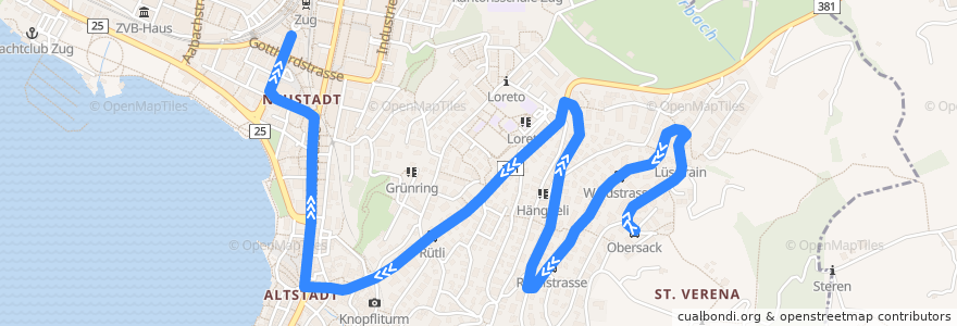 Mapa del recorrido Bus 13: Zug, Obersack => Zug, Bahnhofplatz de la línea  en Zug.