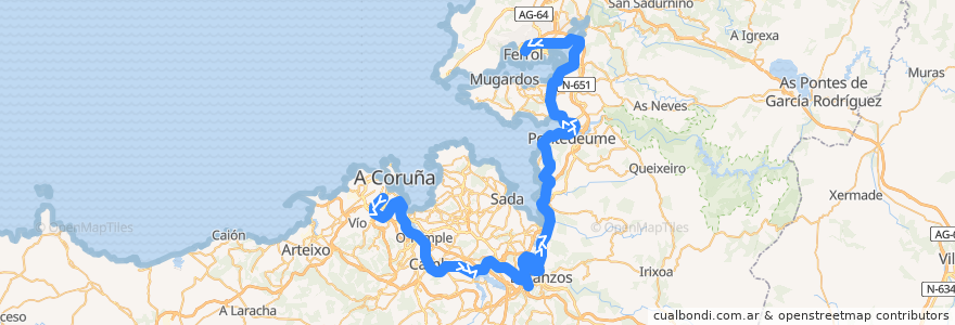 Mapa del recorrido MD A Coruña-Ferrol de la línea  en A Corogne.