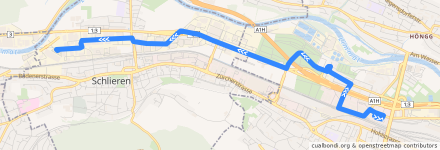 Mapa del recorrido Bus 307: Zürich, Bahnhof Altstetten Nord → Schlieren, Meuchwis de la línea  en Zürich.