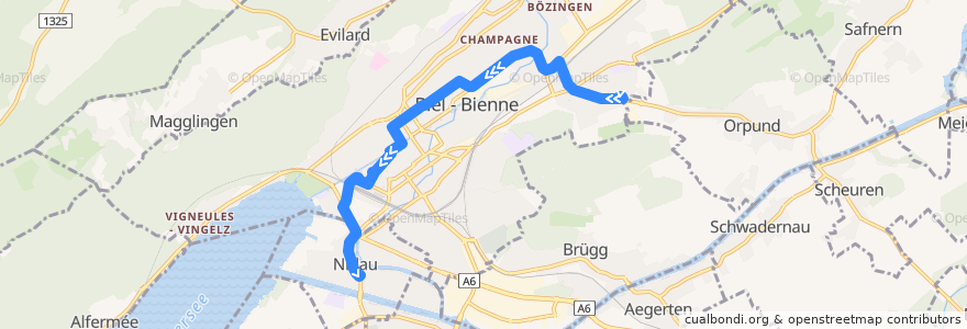 Mapa del recorrido 4 de la línea  en Biel/Bienne administrative district.