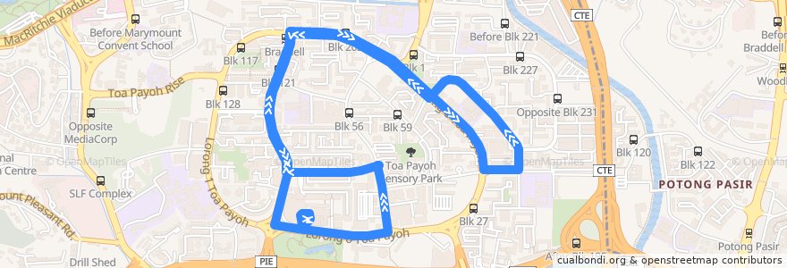 Mapa del recorrido Svc 232 (Toa Payoh Interchange => Toa Payoh Interchange) de la línea  en 中区.