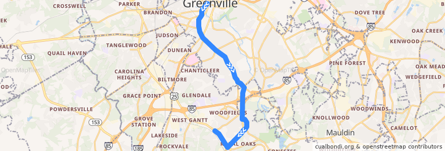 Mapa del recorrido 10J inbound de la línea  en Greenville County.