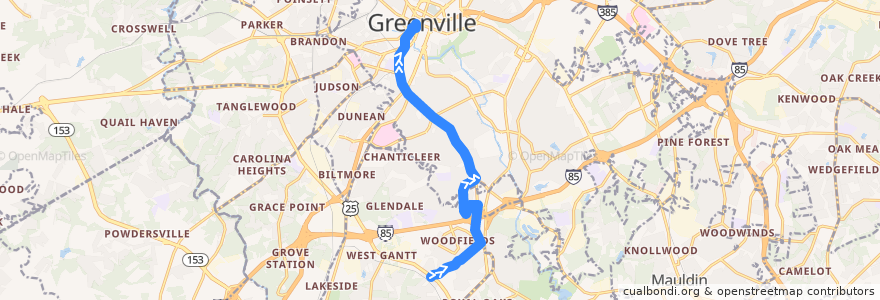 Mapa del recorrido 10J outbound de la línea  en Greenville County.