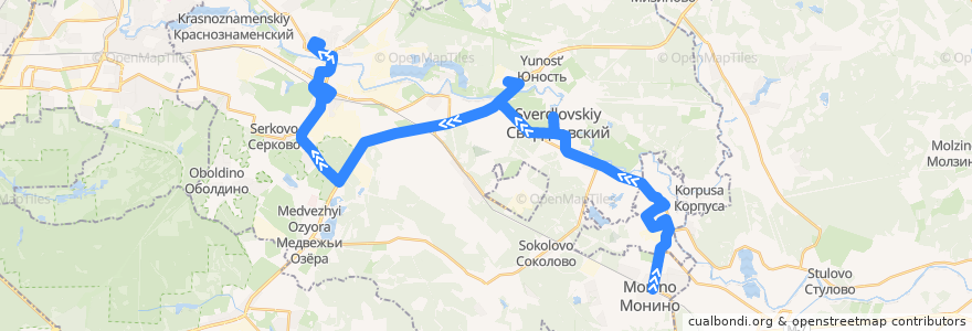 Mapa del recorrido Автобус 26: Станция Монино => Биокомбинат => Щёлково (микрорайон Заречный) de la línea  en Московская область.