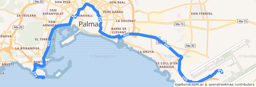 Mapa del recorrido Bus 1: Aeroport → Port (per Àrea de Serveis) de la línea  en Palma.