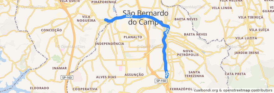 Mapa del recorrido Ferrazópolis - Piraporinha de la línea  en São Bernardo do Campo.