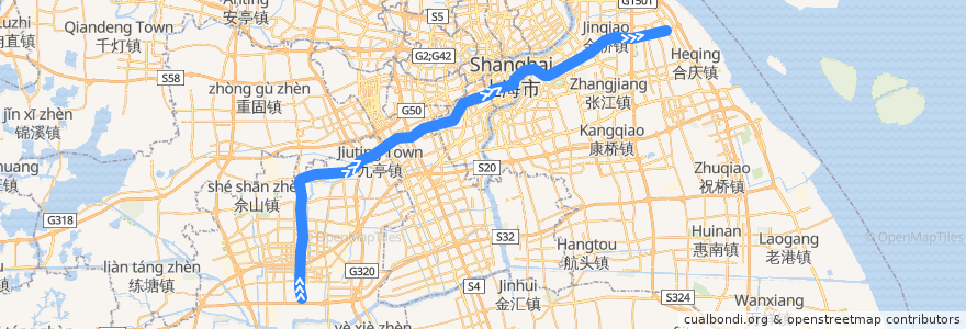 Mapa del recorrido Metro 9号线: 松江南站 → 曹路 de la línea  en Shanghai.