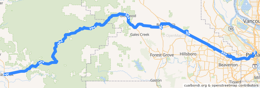 Mapa del recorrido Bus 5: Tillamook => Portland de la línea  en Oregon.