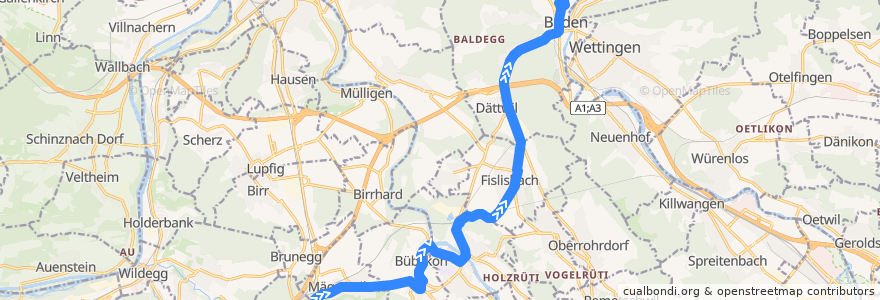 Mapa del recorrido Bus 334: Mägenwil => Baden de la línea  en Bezirk Baden.