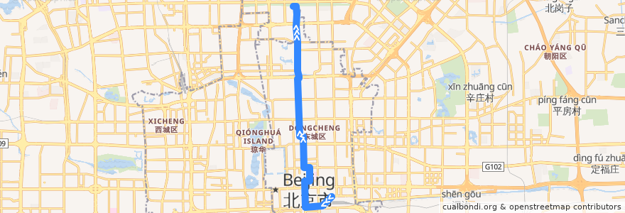 Mapa del recorrido Trolleybus 104: 北京站西 => 五路居 de la línea  en Dongcheng District.