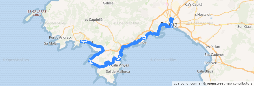 Mapa del recorrido Bus 104: Peguera → Magaluf → Palma de la línea  en Calvià.