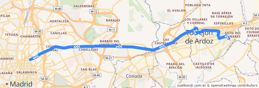 Mapa del recorrido Bus 226: Torrejón de Ardoz (Soto del Henares) → Madrid (Avenida de América) de la línea  en بخش خودمختار مادرید.