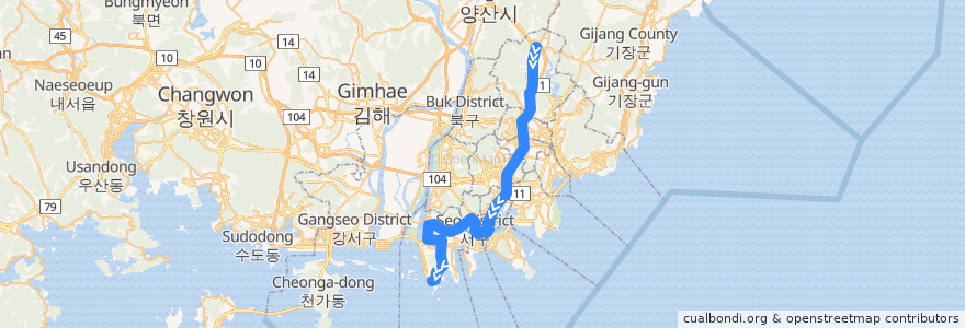 Mapa del recorrido 부산 도시철도 1호선 de la línea  en 부산광역시.