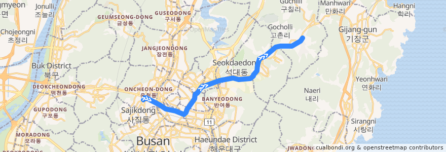 Mapa del recorrido 4호선 (Blue Line) de la línea  en 부산광역시.