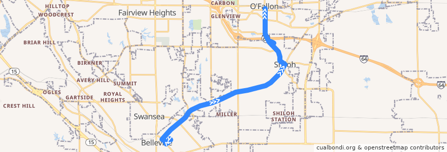 Mapa del recorrido MetroBus 15 Belleville-Shiloh-O'Fallon (eastbound) de la línea  en 伊利诺伊州 / 伊利諾州.