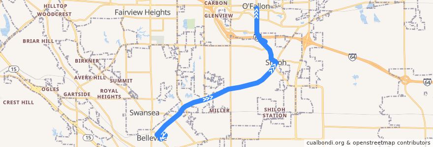 Mapa del recorrido MetroBus 15 Belleville-Shiloh-O'Fallon (eastbound) de la línea  en Illinois.