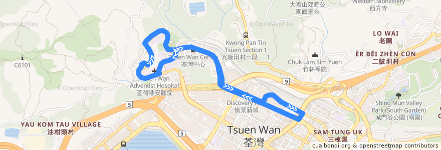 Mapa del recorrido Bus 39M (Allway Gardens - Tsuen Wan Railway Station) de la línea  en 荃灣區 Tsuen Wan District.