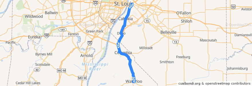Mapa del recorrido MetroBus 2X Waterloo-Columbia (southbound AM) de la línea  en Illinois.
