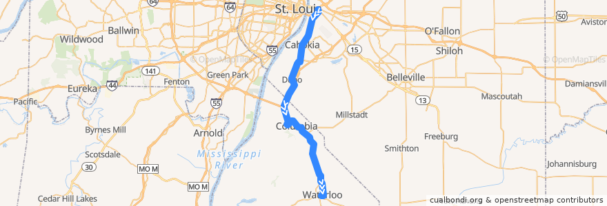 Mapa del recorrido MetroBus 2X Waterloo-Columbia (southbound PM) de la línea  en Illinois.