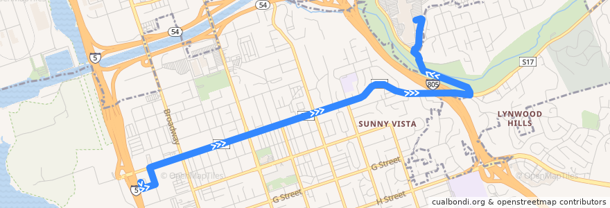 Mapa del recorrido MTS 705 (to Westfield Plaza Bonita, short turn) de la línea  en San Diego County.