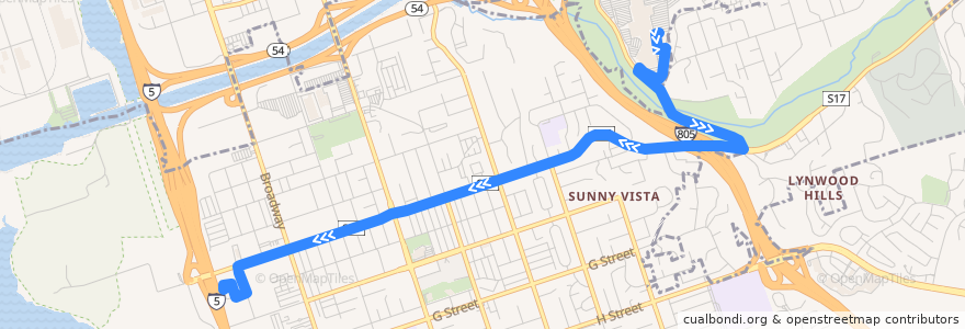 Mapa del recorrido MTS 705 (to E Street Transit Center, short turn) de la línea  en San Diego County.