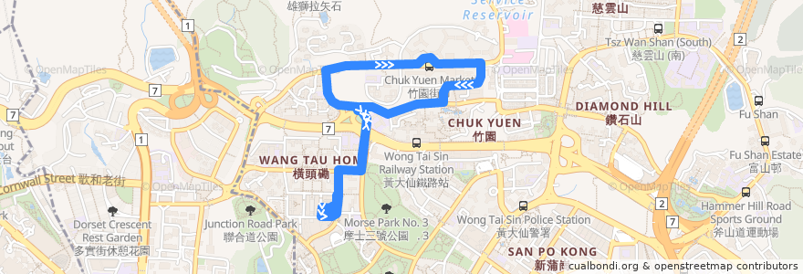 Mapa del recorrido Bus 7M (Lok Fu ↺ Chuk Yuen Estate) de la línea  en 黃大仙區 Wong Tai Sin District.