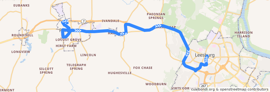 Mapa del recorrido Purcellville Connector East Bound de la línea  en Loudoun County.