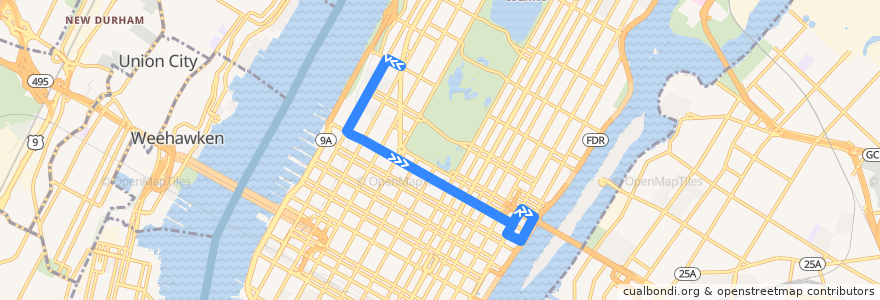 Mapa del recorrido NYCB - M57 de la línea  en Manhattan.