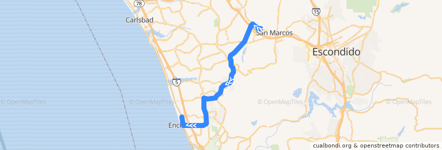 Mapa del recorrido NCTD 304 (westbound via El Camino Real & Garden View Road) de la línea  en San Diego County.