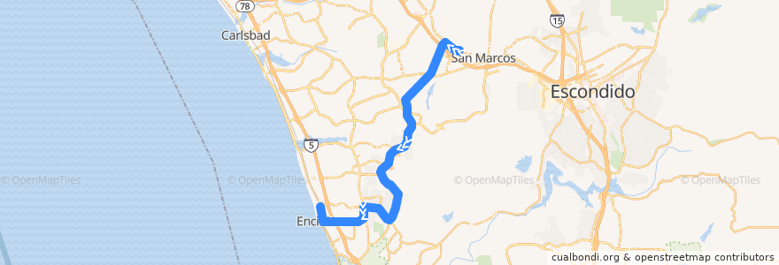 Mapa del recorrido NCTD 304 (westbound via Rancho Santa Fe Road & Encinitas Boulevard) de la línea  en San Diego County.