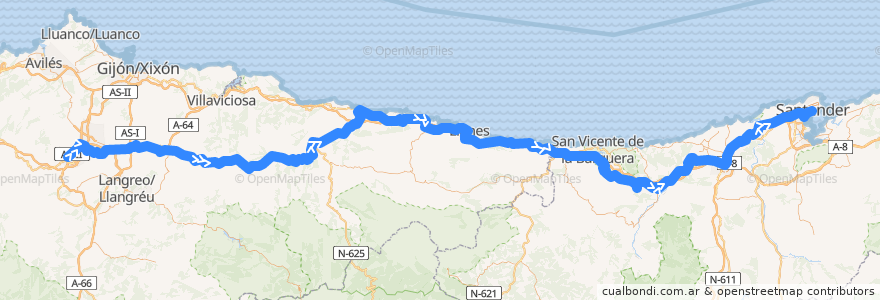 Mapa del recorrido Regional Oviedo - Santander de la línea  en España.