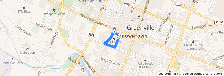 Mapa del recorrido 2B inbound de la línea  en Greenville.