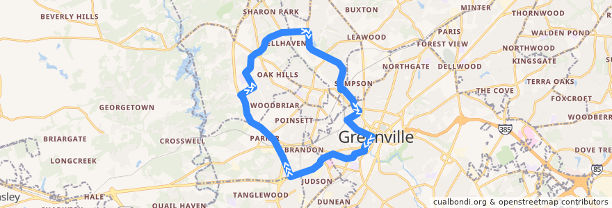 Mapa del recorrido 2B outbound de la línea  en Greenville County.