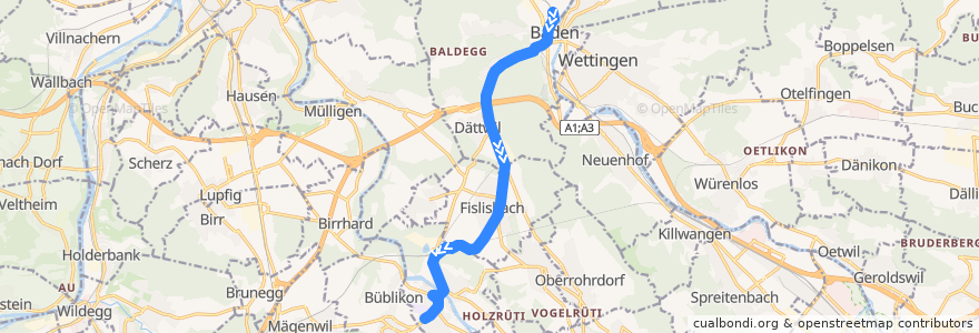 Mapa del recorrido Bus 332: Baden => Mellingen de la línea  en Bezirk Baden.