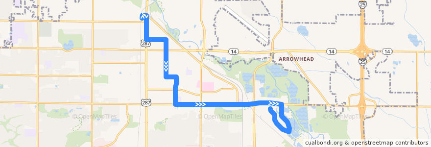 Mapa del recorrido 18 SB de la línea  en Fort Collins.