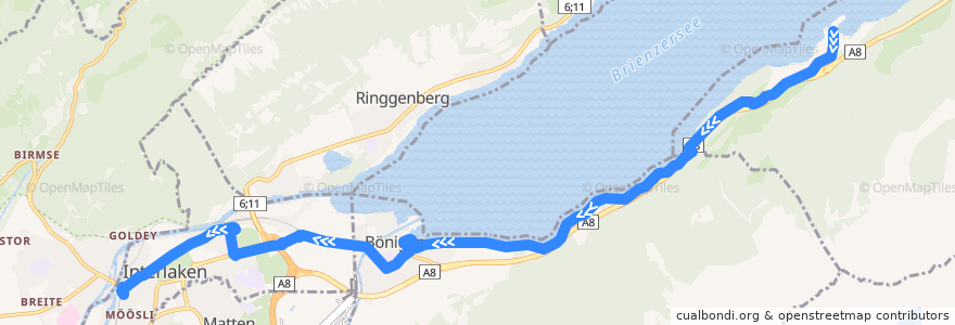 Mapa del recorrido Bus 103: Iseltwald => Interlaken West de la línea  en Interlaken-Oberhasli administrative district.