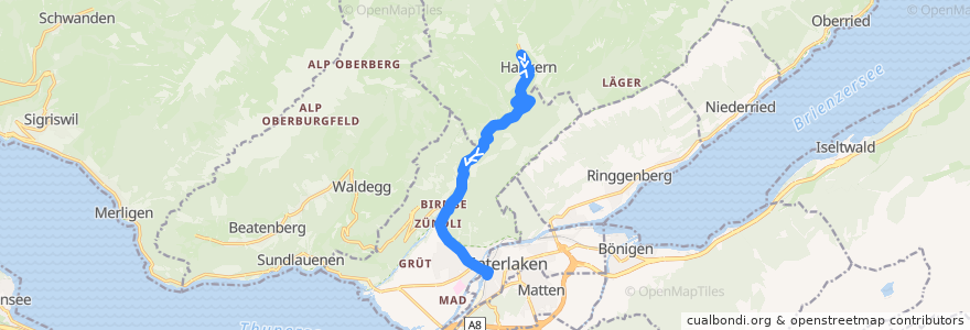 Mapa del recorrido Bus 106: Habkern, Zäundli => Interlaken West de la línea  en Verwaltungskreis Interlaken-Oberhasli.