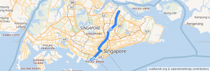 Mapa del recorrido MRT North East Line (Harbourfront --> Punggol) de la línea  en سنغافورة.