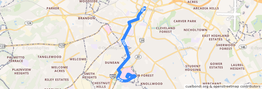 Mapa del recorrido 4D outbound de la línea  en Greenville County.