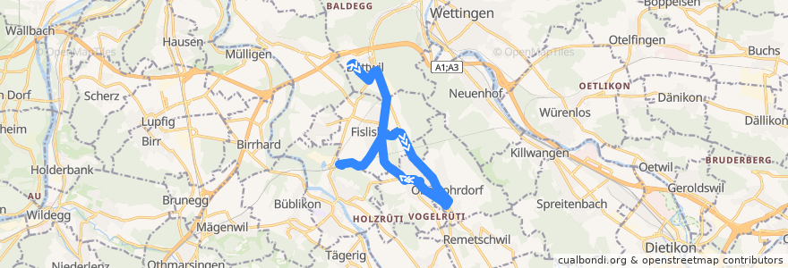 Mapa del recorrido Bus 335: Dättwil AG, Kantonsspital => Mellingen Heitersberg de la línea  en Bezirk Baden.