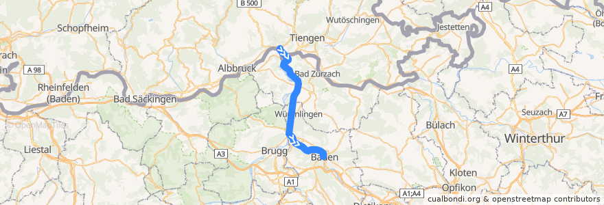 Mapa del recorrido S27: Waldshut –> Baden de la línea  en Aargau.