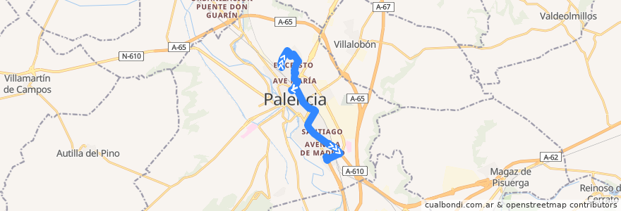 Mapa del recorrido Línea 2: Camino de la Miranda → Campus de la línea  en Palencia.