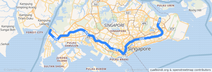 Mapa del recorrido MRT East-West Line (Pasir Ris --> Tuas Link) de la línea  en Singapore.