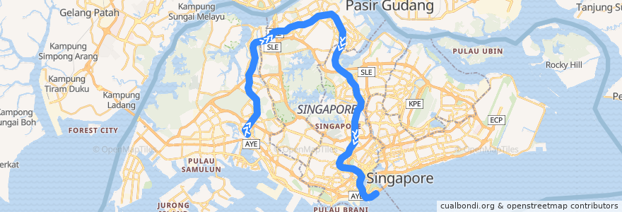 Mapa del recorrido MRT North-South Line (Jurong East --> Marina South Pier) de la línea  en Singapore.