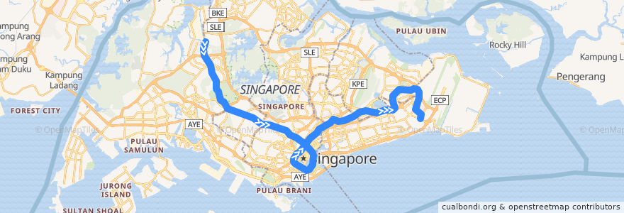 Mapa del recorrido MRT Downtown Line (Bukit Panjang --> Expo) de la línea  en Singapour.