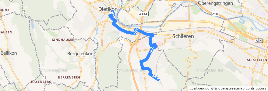 Mapa del recorrido Bus 311: Dietikon, Bahnhof → Urdorf Weihermatt, Bahnhof de la línea  en Bezirk Dietikon.