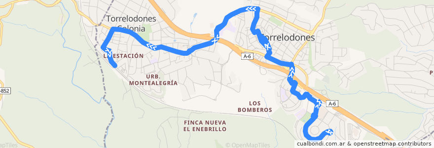 Mapa del recorrido L1: Área Homogénea Sur → Pueblo → Colonia → FF.CC. de la línea  en Torrelodones.