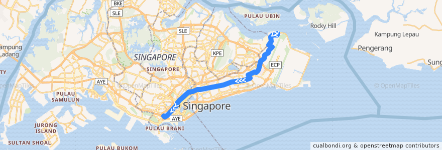 Mapa del recorrido Svc 2 (Changi Village Terminal => New Bridge Road Terminal) de la línea  en Singapura.